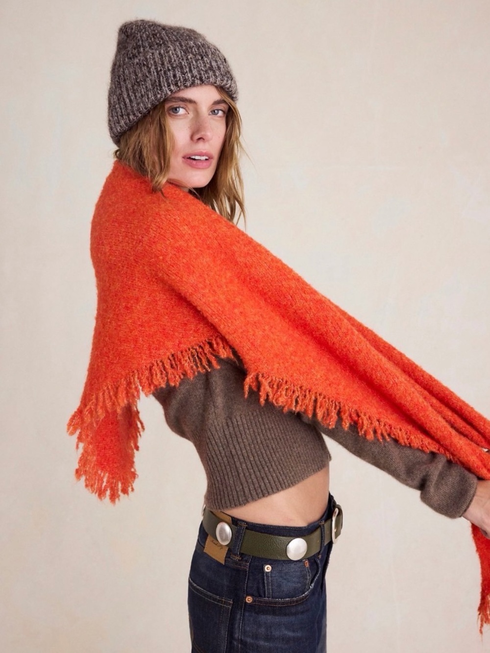 Free People ForeverTribeca Fringe Shawl. Electric Orange. - Picture 5 of 11